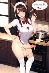 1futa after_masturbation after_orgasm ai_generated animal_ears apron balls bangs big_penis blush bottomless bowtie breasts brown_hair cabinet cat_ears cooking counter cum cum_drip cum_dripping cum_on_food cum_on_furniture cum_pool cumdrip dialogue dick dickgirl dickgirl_only english_text erection eyebrows_visible_through_hair full-package_futanari futa_only futanari green_eyes hand_on_hip happy huge_balls huge_cock indoors kitchen kneesocks large_balls large_penis large_testicles light-skinned_futanari light_skin long_hair offscreen_character open_mouth oven partially_clothed penis penis_out retracted_foreskin shirt smiling_at_viewer solo solo_dickgirl solo_futa speech_bubble spoken_heart stable_diffusion standing stove talking_to_viewer testicles text waving waving_at_viewer white_clothing white_shirt wide_hips window