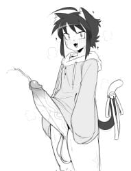 1boy 2023 animal_ears balls blush bottomless cat_ears cat_tail catboy clothed clothing erection femboy greyscale huge_cock humanoid humanoid_penis jacket kemonomimi male male_only mctamagomaki monochrome mostly_clothed oversized_clothes penis solo standing tama_(mctamagomaki) wide_eyed