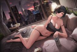 1girls ass barefoot beer big_breasts breasts chainsaw_man cigarette cleavage eye_patch feet female female_only himeno_(chainsaw_man) light-skinned_female light_skin looking_at_viewer mappa midriff navel thick_thighs txbbxb