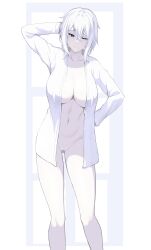 aqua_eyes arm_behind_head ass ass_visible_through_thighs blue_eyes bottomless breasts censored closed_mouth female female_admiral_(kantai_collection) hair_between_eyes hand_on_hip highres kantai_collection large_breasts long_sleeves naked_shirt one_eye_closed open_clothes open_shirt original pussy shirt short_hair simple_background sleepy solo takaman_(gaffe) tears thought_bubble white_hair