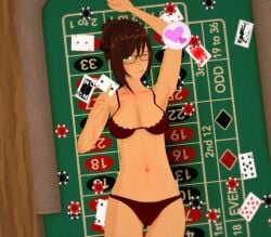 bra brown_hair flirtatious glasses green_eyes koikatsu lingerie poker_cards poker_chip poker_table underwear_only wink