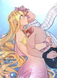 blonde_hair cogamori fairy_tail long_hair lucy_heartfilia mermaid mermaid_girl mermaid_tail mermaid_transformation monster_girl natsu_dragneel pink_hair tattoo underwater yellow_eyes