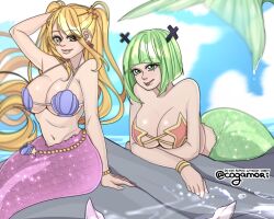 big_breasts blonde_hair brandish_mew breasts brown_eyes cogamori fairy_tail green_eyes green_hair green_tail lucy_heartfilia mermaid mermaid_girl mermaid_position mermaid_tail mermaid_transformation pink_tail png scales seashell_bra seducing seduction seductive seductive_eyes seductive_look seductive_mouth seductive_pose seductive_smile starfish_bra