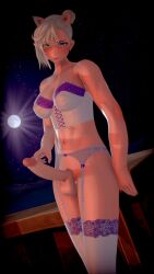 1futa 3d big_penis body_scars catgirl erection futa_only futanari garter_straps koikatsu light-skinned_futanari light_skin lingerie mira_imae muscular_futanari night_sky solo standing white_hair