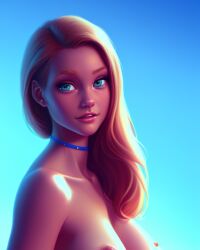 1girls ai_generated big_lips blonde_hair blue_eyes breasts button_nose choker female light-skinned_female lips nude pink_lips topless upturned_nose