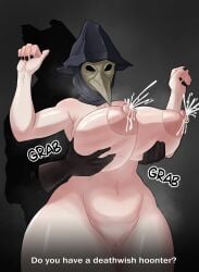 1girls alternate_version_available areolae big_ass bloodborne breasts chubby dialogue disembodied_hands eileen_the_crow fondling_breast fromsoftware grabbing_from_behind groping_from_behind huge_breasts human hunter_(bloodborne) lactation large_areolae light_skin mask milk milk_squirt nipples nude pale_skin plague_doctor slushiebest solo_focus sony_corporation sony_interactive_entertainment standing talking text thick_thighs wide_hips