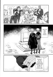 annette_fantine_dominic ashe_ubert byleth_(fire_emblem) byleth_(fire_emblem)_(male) dedue_molinaro dimitri_alexandre_blaiddyd doujinshi english_text erutasuku felix_hugo_fraldarius fire_emblem fire_emblem:_three_houses gay grave graveyard handholding husband_and_husband ingrid_brandl_galatea mercedes_von_martritz monochrome post-timeskip sylvain_jose_gautier text wedding wedding_ring yaoi