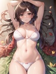 1girls ai_generated arms_above_head arms_behind_back arms_up bed bra brown_eyes brown_hair curvaceous curvy_body curvy_female curvy_figure female_focus female_only high_resolution highres kanojo_okarishimasu lace-trimmed_panties lying_on_back lying_on_bed mizuhara_chizuru navel panties seductive_eyes small_panties underwear voluptuous voluptuous_female white_bra white_panties