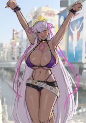 1girls alternate_costume arms_up bb_(fate) bb_(swimsuit_mooncancer) bikini breasts cleavage eu03 fate/grand_order fate_(series) female grin gyaru huge_breasts long_hair massive_breasts one_eye_closed outdoors purple_eyes purple_hair smile solo tan tan-skinned_female tanned_skin very_long_hair wip work_in_progress