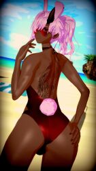 ass aviator_sunglasses beach dark-skinned_femboy femboy from_behind hybrid incubus koikatsu mira_imae one-piece_swimsuit pink_hair rabbit_boy red-tinted_eyewear red_eyes smug sunglasses tattoo tinted_eyewear