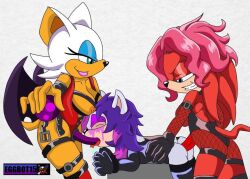 2_doms_1_sub anthro eggbot15 female female_only femdom femsub fishnets gag_removed grin latex lezdom lien-da rouge_the_bat ruined_makeup sex_toy sonic_(series) sonic_oc sonic_the_hedgehog_(archie) strap-on strap-on_fellatio sydney_the_hedgehog