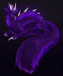 capcom claws digital_media_(artwork) dragon essence_of_rapture feral frill_(anatomy) fur glowing glowing_tongue hi_res horn kaenrae_obscuro_(valdusaetherius) leviathan_(mh) levo long_claw long_tail looking_at_viewer lying male mizutsune monster_hunter open_mouth purple_body purple_eyes purple_frill purple_fur purple_scales purple_tongue scales scalie shapeshift silver_horns solo tail teeth tongue