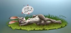 anthro breasts countershade_face countershade_torso countershading disney female flat_chest front_view genitals grass hand_behind_own_head hand_on_hip hearts_around_text hi_res judy_hopps lagomorph leporid long_ears lying mammal nude on_side plant purple_eyes pussy rabbit seductive signature small_breasts solo speech_bubble stellarhips thick_thighs thigh_gap wide_hips zootopia