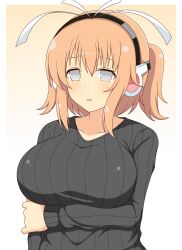 1girls collarbone female gradient_background grey_eyes hairband headphones huge_breasts ichiryuu_tsumiki impossible_clothes light-skinned_female light_skin looking_at_viewer medium_hair open_mouth orange_hair ponytail senran_kagura simple_background solo sweater ushimaru_(senran_kagura)