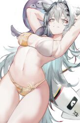 1girls animal_ears arknights armpits arms_behind_head arms_up belly belly_button bikini breasts floral_print g-nai grey_eyes grey_hair hair_between_eyes hairclip hi_res lappland_(arknights) long_hair looking_at_viewer medium_breasts navel octopus pale-skinned_female pale_skin scar scar_across_eye silver_eyes silver_hair simple_background smile solo stomach swimsuit thigh_gap thighs very_long_hair white_background wolf_ears wolf_girl