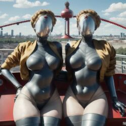 2girls ai_generated ass atomic_heart big_breasts breasts cameltoe clone curvaceous faceless_character faceless_female female female_only hand_on_ass jacket left_(atomic_heart) pussy robot robot_girl robot_humanoid the_twins_(atomic_heart) twins wide_hips yellow_hair