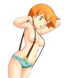 1girls abs blush breasts covered_nipples eye_contact female female_only fit human kasumi_(pokemon) looking_at_viewer nintendo orange_hair pokemon pokemon_rgby shoes short_hair shorts smile solo suspenders thigh_gap tof topless white_background