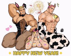 abs bunny_ears cow_(cosplay) cow_horns cow_print fireworks fishnets lingerie male male_only muscles muscular muscular_male new_year pecs rodrigolandave8 twitter_user_oc zayn_(rodrigolandave8)