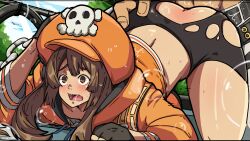 1boy 1boy1girl 1girls ambiguous_penetration bike_shorts blush brown_eyes brown_hair curvy doggy_style edit female from_behind_position guilty_gear guilty_gear_strive hair hat hoodie long_hair mark_gavatino may_(guilty_gear) open_mouth orange_clothing penetration pirate_hat ripped_clothing sex shorts sol_badguy straight textless thick_thighs