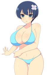 1girls ass_visible_through_thighs bangs bikini blue_eyes blue_hair cleavage female flower flower_in_hair hair_between_eyes huge_breasts ichiryuu_tsumiki light-skinned_female light_skin looking_at_viewer midriff navel open_mouth pale-skinned_female pale_skin senran_kagura short_hair simple_background solo standing surprised thick_thighs thigh_gap very_short_hair yozakura_(senran_kagura)