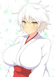 1girls expressionless female flower_petals huge_breasts ichiryuu_tsumiki kimono light-skinned_female light_skin looking_at_viewer miyabi_(senran_kagura) senran_kagura short_hair simple_background slit_pupils solo standing white_hair yellow_eyes