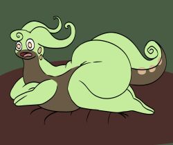 anthro ass big_butt brown_body generation_6_pokemon goodra green_body hi_res loaf lying male nauiho nintendo pokemon pokemon_(species) scout_(hammersarus) solo surprise