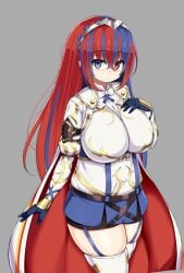 1girls alear_(female)_(fire_emblem) alear_(fire_emblem) bangs bare_thighs blue_eyes blue_hair braid breasts cape chubby female fire_emblem fire_emblem_engage garter_straps gloves hair_between_eyes heterochromia huge_breasts long_hair looking_at_viewer miniskirt multicolored_hair nintendo plump red_eyes red_hair sawati shorts skirt smile thick_thighs thighhighs thighs tiara