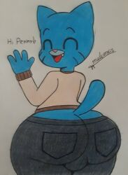 1boy 2022 anthro ass ass_cleavage backsack ball_bulge balls big_ass blue_fur blue_skin bulge butt_crack cat_ears closed_eyes clothed denim drawing english_text feline femboy fully_clothed fur gumball_watterson huge_ass jeans looking_back male male_only pen_(artwork) smiling tagme tail text the_amazing_world_of_gumball thick_thighs thong traditional_media_(artwork) wide_hips xmelomor24x