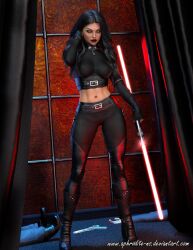 1girls 3d aphrodite-ns black_hair clothed clothed_female female female_focus female_only lightsaber natara_gray oc red_lightsaber sith sith_eyes sith_lady star_wars yellow_eyes