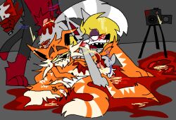 anthro arctic_fox blood bodily_fluids canid canine caracal caracal_(genus) cum death delinquentfreak domestic_cat felid feline felis female fox genital_fluids gore group group_sex knot male mammal microsoft_paint sex threesome trio