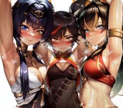 3girls ai_generated armlet armpit_focus armpits arms_behind_head arms_up bangs bare_shoulders black_hair blue_eyes blue_hair blush breasts breath brown_hair candace_(genshin_impact) cleavage closed_mouth criss-cross_halter crop_top crossed_bangs dark-skinned_female dark_skin dehya_(genshin_impact) eye_of_horus eyeshadow genshin_impact gold_choker gold_trim hair_beads hair_between_eyes hair_intakes hair_ornament hairband half-closed_eyes halterneck heavy_breathing heterochromia jewelry large_breasts long_hair looking_at_viewer medium_breasts multicolored_hair multiple_girls navel nose_blush presenting_armpit purple_eyeshadow red_eyeshadow red_hair shiny shiny_skin short_hair_with_long_locks simple_background sleeveless smell smile stable_diffusion steam steaming_body stomach streaked_hair sweat twintails upper_body white_background xinyan_(genshin_impact) xinyandegen yellow_eyes