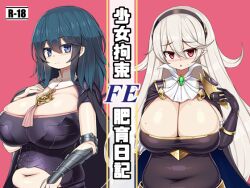 2girls bare_midriff blue_eyes blush breasts byleth_(fire_emblem) byleth_(fire_emblem)_(female) chubby cleavage cleavage_cutout corrin_(female)_(nohr_noble)_(fire_emblem) corrin_(fire_emblem) corrin_(fire_emblem)_(female) covered_navel curvy female female_only fire_emblem fire_emblem:_three_houses fire_emblem_fates gloves huge_breasts japanese_text long_hair looking_at_viewer medium_hair midriff multiple_girls navel nintendo plump pointy_ears red_eyes sawati teal_hair testicles translation_request voluptuous white_hair