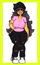 1girls black_eyes blush botaniccal cheltie curvy female full_body large_breasts looking_at_viewer pants sharp_teeth solo standing thick_thighs very_long_hair wide_hips yellow_skin youtube youtuber