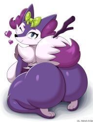 2020s 2023 anthro artist_name ass big_breasts blue_eyes braixen fox_ears fox_girl fox_tail furry fusion game_freak hair_bow heart huge_ass huge_thighs indeedee kneeling looking_back_at_viewer nintendo nude nude_female pixelated_heart pokémon pokemon pokemon_(species) pokemon_fusion shiny_braixen side_boob smile stick stick_in_tail thick_thighs ultrastax white_background wink winking_at_viewer