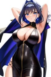 ai_generated armpits arms_behind_head big_breasts black_dress blue_hair blush boob_window coat dress hair_ornament hololive hololive_english large_breasts ouro_kronii sideboob thighs virtual_youtuber yo_dayo_(ai)