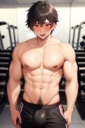 abs ai_generated athletic athletic_male athletic_wear big_bulge big_muscles big_pecs black_hair blush blush brown_eyes dark_eyes dark_hair jogging_pants male male_only open_mouth solo solo_male sweat sweatdrop track_pants track_suit wet yaoi zipper