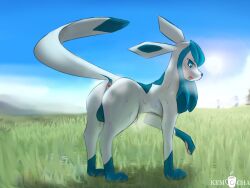 anus ass backsack balls blue_body blue_eyes blue_fur blue_nose bodily_fluids eeveelution feral fur generation_4_pokemon genitals glaceon hi_res kemocha looking_at_viewer looking_back male nintendo pawpads paws pokemon pokemon_(species) pupils raised_paw raised_tail rear_view smile smiling_at_viewer solo standing steam sweat tail white_pupils