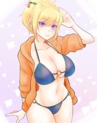 big_breasts bikini black_bikini blonde_hair cleavage facial_mark female female_only gintama hair_ornament hoodie hourglass_figure kunai looking_at_viewer official_alternate_costume paleatus ponytail purple_eyes smile solo swimsuit tsukuyo wide_hips