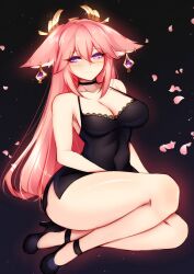 bare_shoulders big_breasts black_dress dress earrings fox_ears fox_girl foxykuro genshin_impact heels high_heels kitsune long_hair pink_hair slim_dress thick_thighs yae_miko