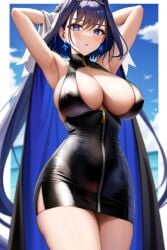 ai_generated armpits arms_behind_head black_dress blue_eyes blue_hair blush boob_window coat dress erect_nipples hololive hololive_english ouro_kronii sideboob virtual_youtuber visible_nipples yo_dayo_(ai)