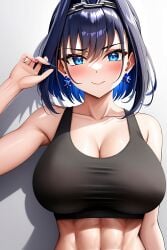 abs ai_generated athletic_female big_breasts blue_eyes blue_hair blush hair_ornament hololive hololive_english looking_at_viewer muscular_female ouro_kronii smile tank_top virtual_youtuber yo_dayo_(ai)