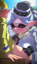 1boy agent_3_(splatoon_3) black_gloves blue_hair censored domino_mask earrings fellatio female gloves highres hizake inkling inkling_boy jewelry kashu_(hizake) marie_(alterna) marie_(splatoon) mask mole mole_under_eye mosaic_censoring oral penis pointy_ears short_hair sitting splatoon splatoon_(series) splatoon_1 straight sweat tongue tongue_out tongue_out_during_fellatio