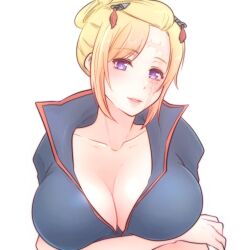 arm_under_breasts arms_crossed_under_breasts big_breasts blonde_hair cleavage crossed_arms facial_scar female female_only gintama hair_ornament kunai looking_at_viewer no_bra paleatus parted_lips popped_collar purple_eyes smile solo tied_hair tsukuyo upper_body wearing_others_clothes