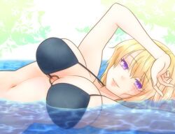 arm_up big_breasts bikini blonde_hair cleavage facial_scar female female_only gintama hair_down huge_breasts looking_at_viewer official_alternate_costume on_side paleatus partially_submerged purple_eyes smile solo swimsuit tsukuyo water