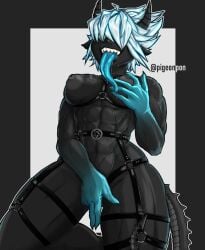 abs blue_tongue dark_skin demon_girl demon_horns ear harness leather_straps long_tongue muscular_female nipples oc pigeonpon scars sharp_teeth short_hair solo solo_female tail teasing white_hair