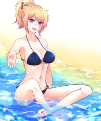 barefoot big_breasts bikini black_bikini blonde_hair cleavage facial_scar female female_only full_body gintama hair_ornament inviting kunai looking_at_viewer official_alternate_costume official_alternate_hairstyle paleatus partially_submerged ponytail purple_eyes sideboob sitting solo swimsuit tsukuyo water wet_skin