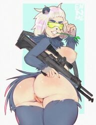 absurd_res anthro ass bipod breasts digital_media_(artwork) ennmedoo eyewear female generation_6_pokemon genitals green-tinted_eyewear gun hair hi_res marksman_rifle mingyu_(remaninglife) nintendo nude pangoro pokemon pokemon_(species) pussy qbu-88 ranged_weapon remaninglife side_boob solo sunglasses tinted_eyewear weapon white_hair