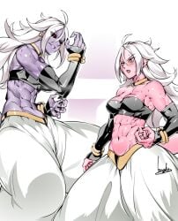 2girls abs android_21 android_21_(evil) android_21_(good) athletic athletic_female bare_shoulders belly_button bio-android_(dragon_ball) black_nails blue_eyes blush blushing bowalia bracelet dark_sclera dragon_ball dragon_ball_fighterz eight_pack fit fit_female hoop_earrings jewelry majin_android_21 muscular muscular_female navel pink_body pink_skin purple_body purple_skin six_pack spiked_hair spiky_hair tail