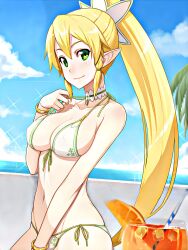 1girls big_breasts bikini blonde_hair busty cleavage elf_ears female female_only green_eyes large_breasts leafa legs long_hair looking_at_viewer navel ponytail solo sword_art_online thighs voluptuous