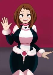 1girls anime_style big_breasts big_thighs brown_eyes brown_hair draveqy edit hero_outfit_(mha) hinata-hime my_hero_academia ochako_uraraka pink_suit queen_hina solo waving white_skin